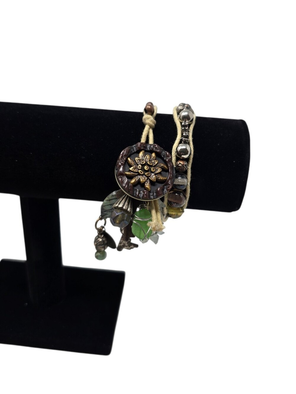 Artisan Leather Wrap Bracelet With Button Closure Keys Charms